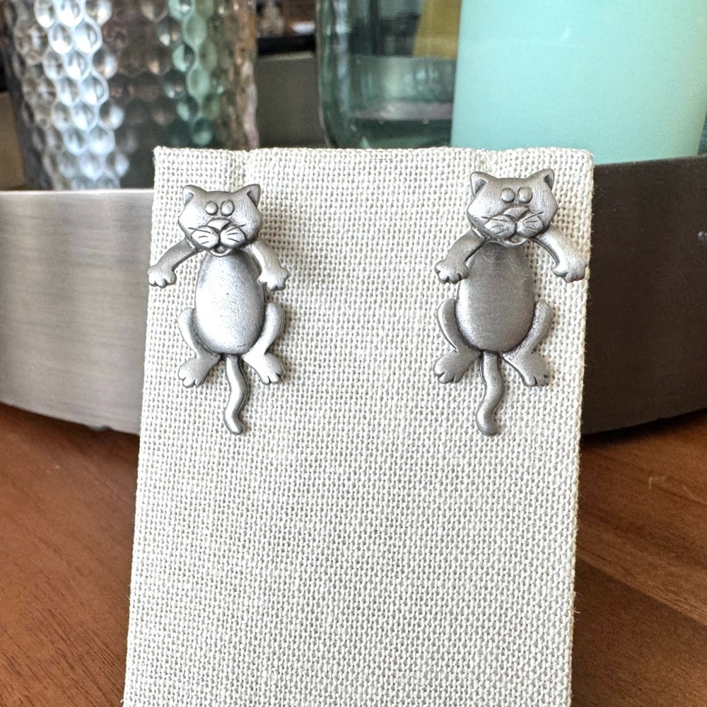 Silver Pewter Cat Earrings - Picture 3 of 11